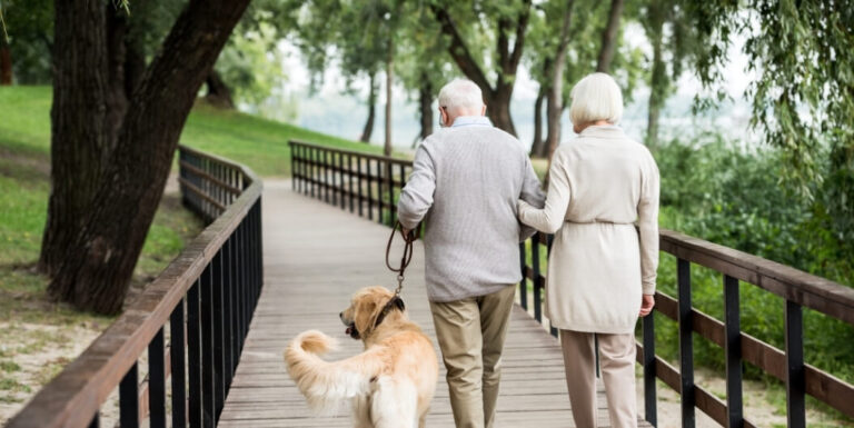 Elderly Couple Walking Their Dog along a Safe Wooded Path at Memory Care Facility